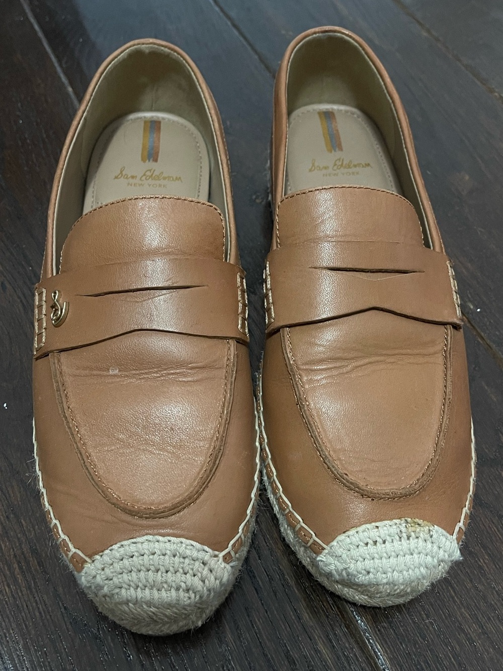 Sam Edelman Men's Cognac Leather Penny Loafers with Woven Toe Cap